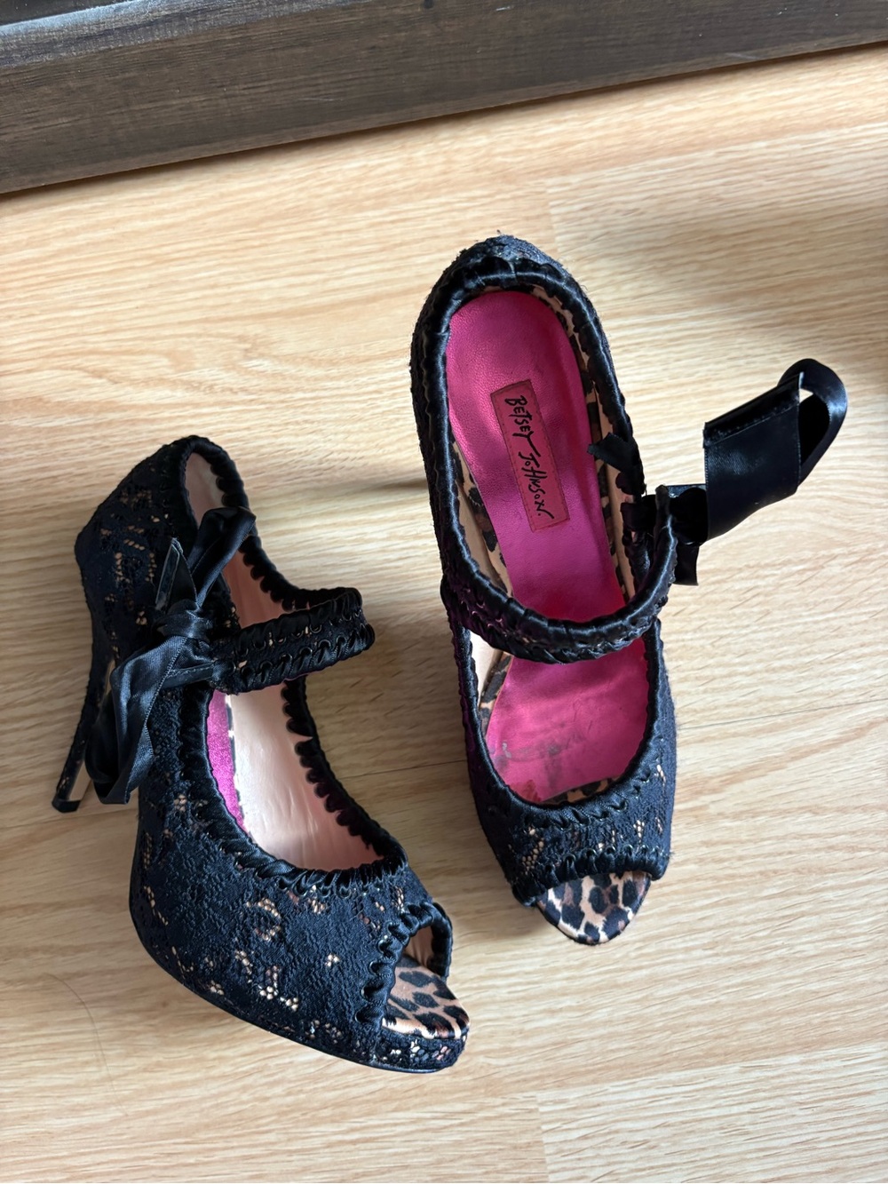 Betsey Johnson Black Lace Peep-Toe Mary Janes with Leopard Toe and Pink Insole